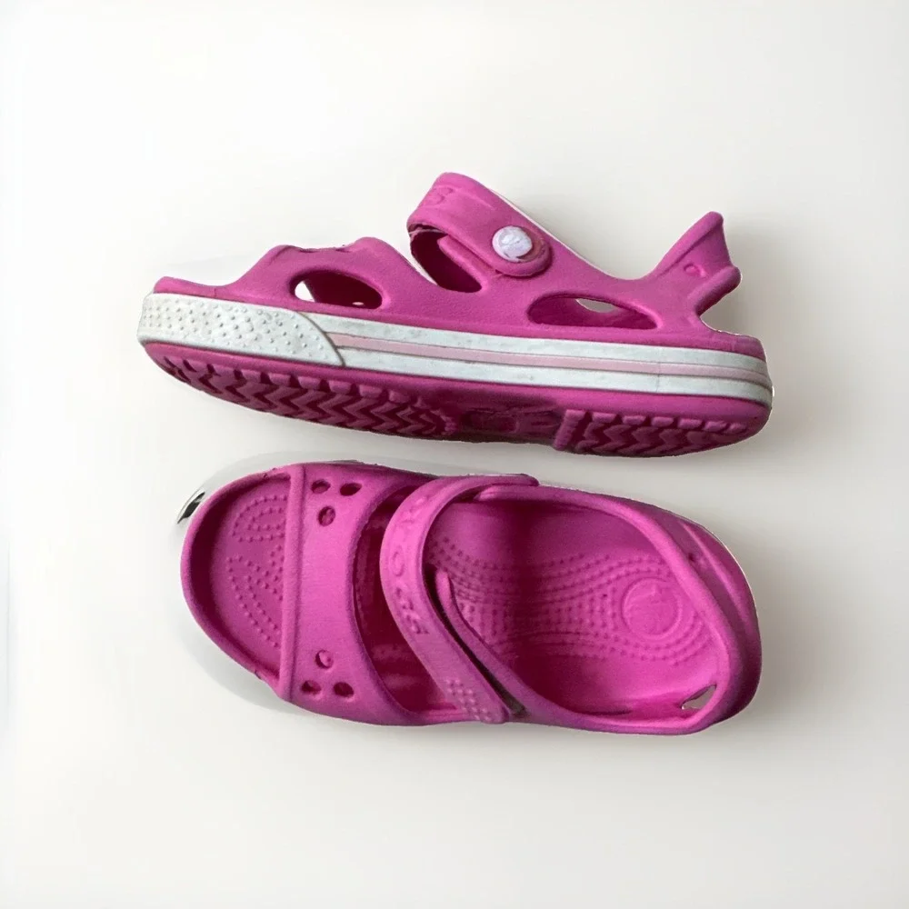 Crocs Crocband II Pink White Slip On Comfort Sandals Shoes Youth Girls Size 8